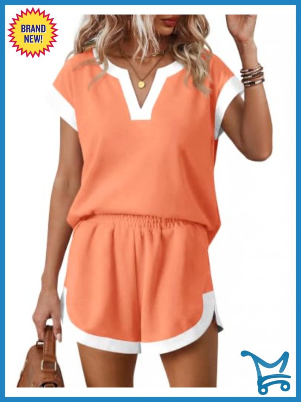 Color Block V Neck Short Sleeve Top and Shorts Set with Pockets